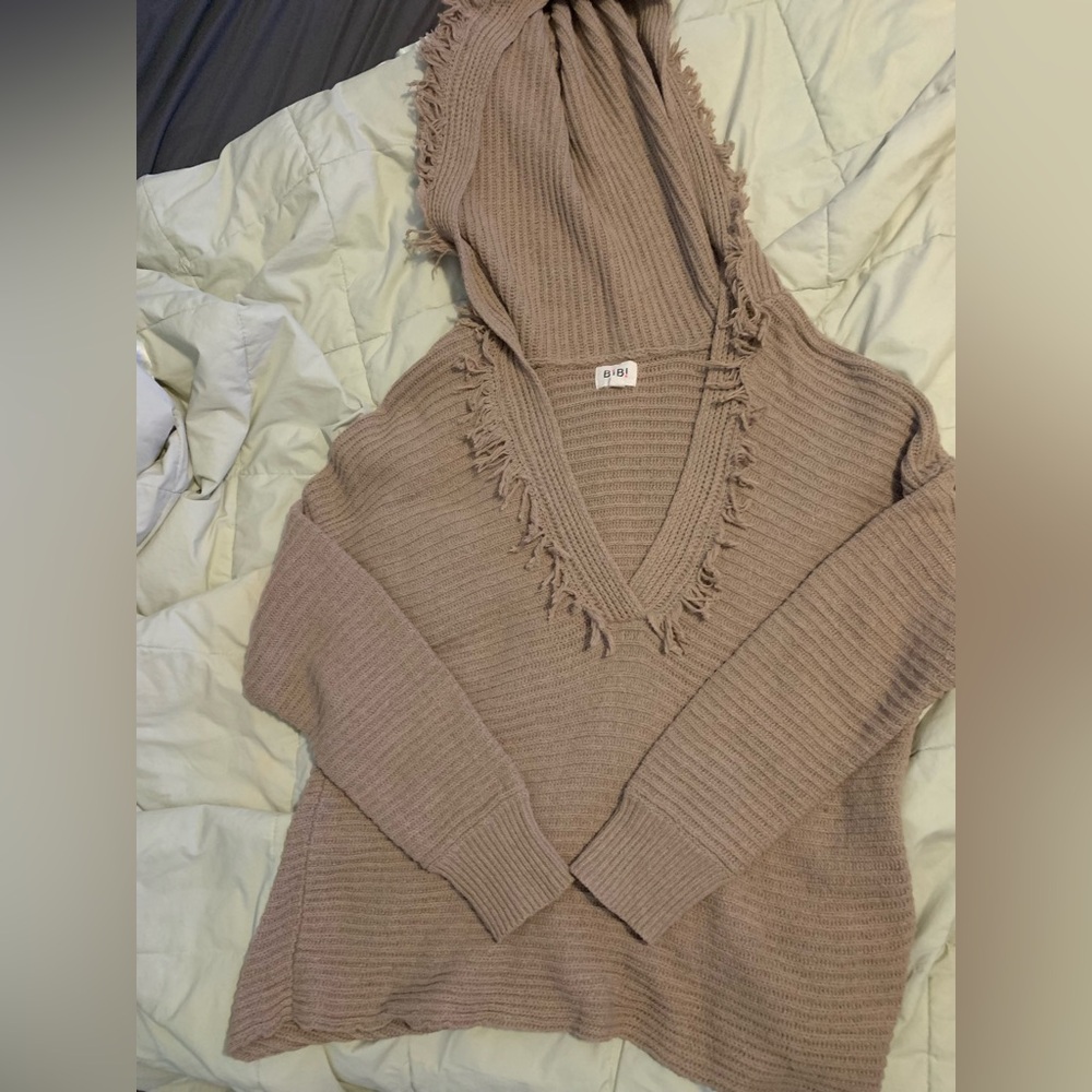 BiBi Taupe V-Neck Sweater with Fringe